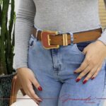 Cinto Feminino de Couro Caramelo e Fivela Acrílico Cor Rosé  (com passador) Banhado a Ouro - GR - Imagem 2