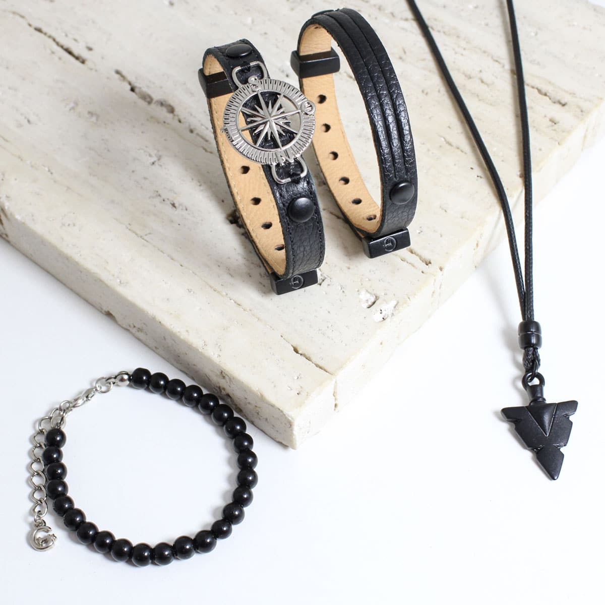 Capa20Site-8.jpg Pulseira de Couro Kit 04 Bússola Preto com Fecho Strap Plug Ajustável com Colar Ajustável - GR - Imagem 1